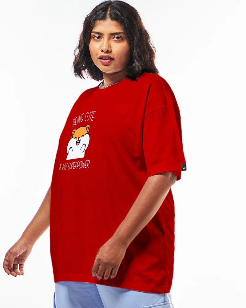 بيواكوف Women's Red Being Cute is My Super Power Graphic Printed Oversized Plus Size T-shirt